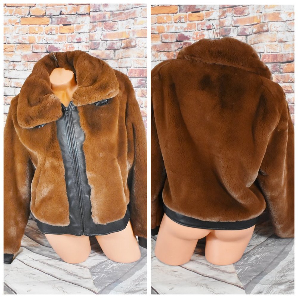 Blank NYC Large Coat Jacket Bomber Soft Faux Fur W Faux Leather Moto